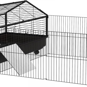 Small Animal Cage with Foldable Run Area, Rolling Bunny Cage, Guinea Pig Cage with Water Bottle, Water Bowl, and Ramps, 46.5"