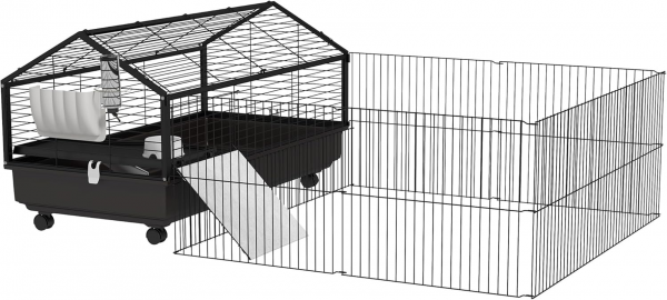 Small Animal Cage with Foldable Run Area, Rolling Bunny Cage, Guinea Pig Cage with Water Bottle, Water Bowl, and Ramps, 46.5"