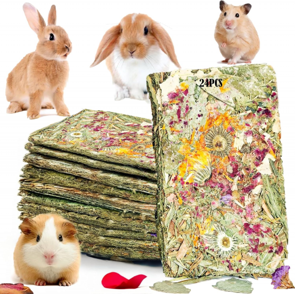 Rabbit Toys 24Pcs Bunny Toy Guinea Pig Treats Timothy Hay Chew Toys Chips with Herbal Flowers Hamster Snacks Chinchillas Gerbils for Teeth Apple Sticks Sweet Bamboo