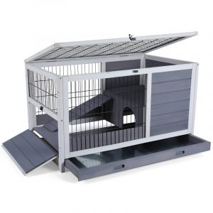 Spacious Wooden Rabbit Cage - Elevated Indoor/Outdoor Habitat with Removable Tray, Perfect for Rabbits, Chinchillas, Hedgehogs, Guinea Pigs & Hamsters, Sturdy Single-Tier Design, Gray, Large, Rabbit House